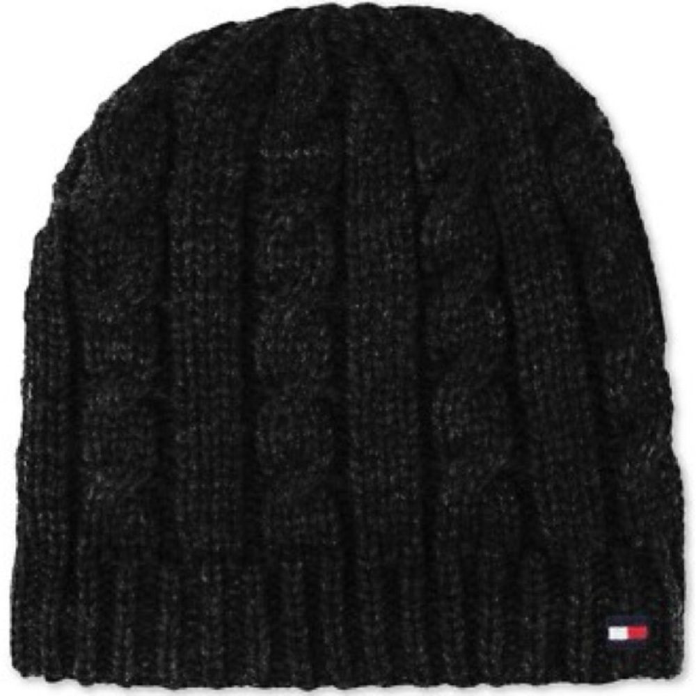 TOMMY HILFIGER Fleece Lined Hat Black Knit Cable Knit Beanie